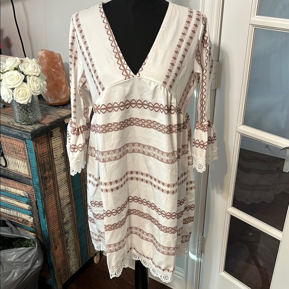 Boho Chic White and Brown Dress